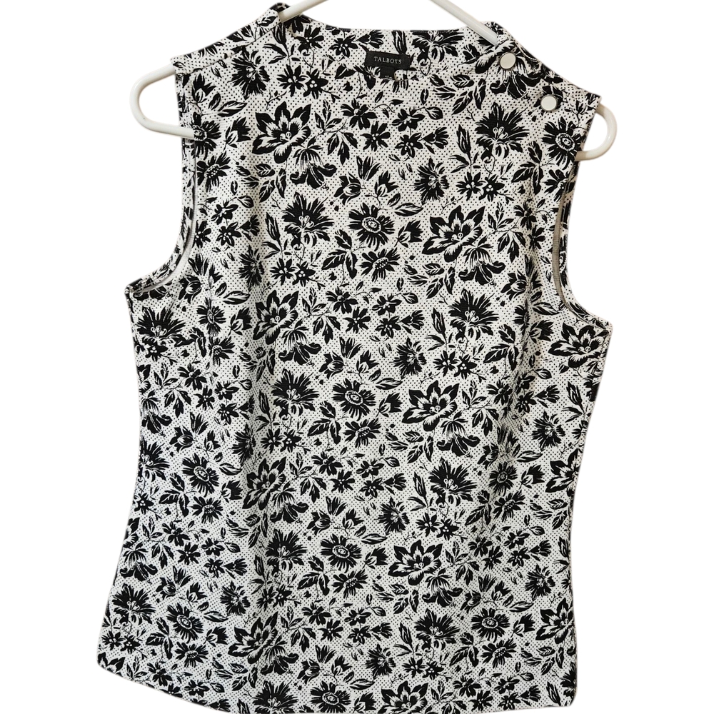 TALBOTS WOMEN'S BOTANICAL PRINT SLEEVELESS TOP W/ ENAMEL  BUTTONS MED BLK&WHITE